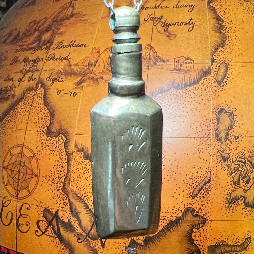 Vintage Antique Etched Brass Perfume Bottle Dauber Pendant Silver Chain Necklace - Picture 2 of 8